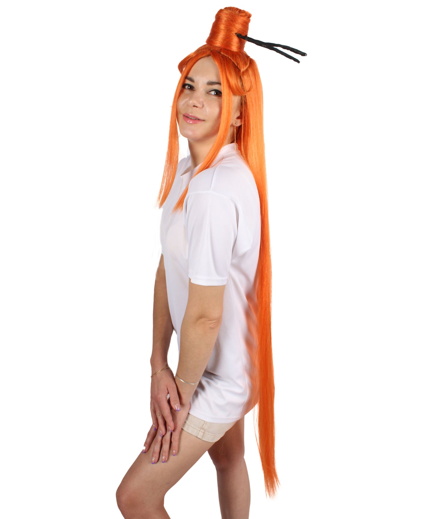 プレミアムレディースH-5919 ラップクイーン ロングオレンジウィッグ ハロウィンやコスプレに最適 難燃性合成繊維