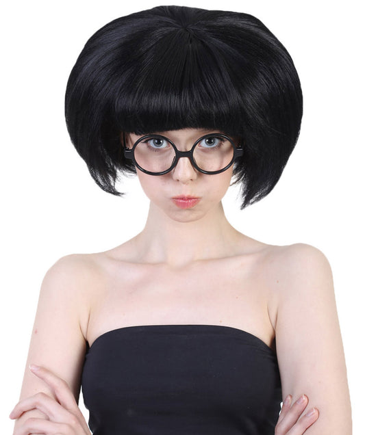 Incredibles 2 ファッションデザイナー Edna Mode グラスセット付き H-3844 ブラック カラーボブ バング&グラス ハロウィンウィッグ 通気性の良い キャップレスキャップ