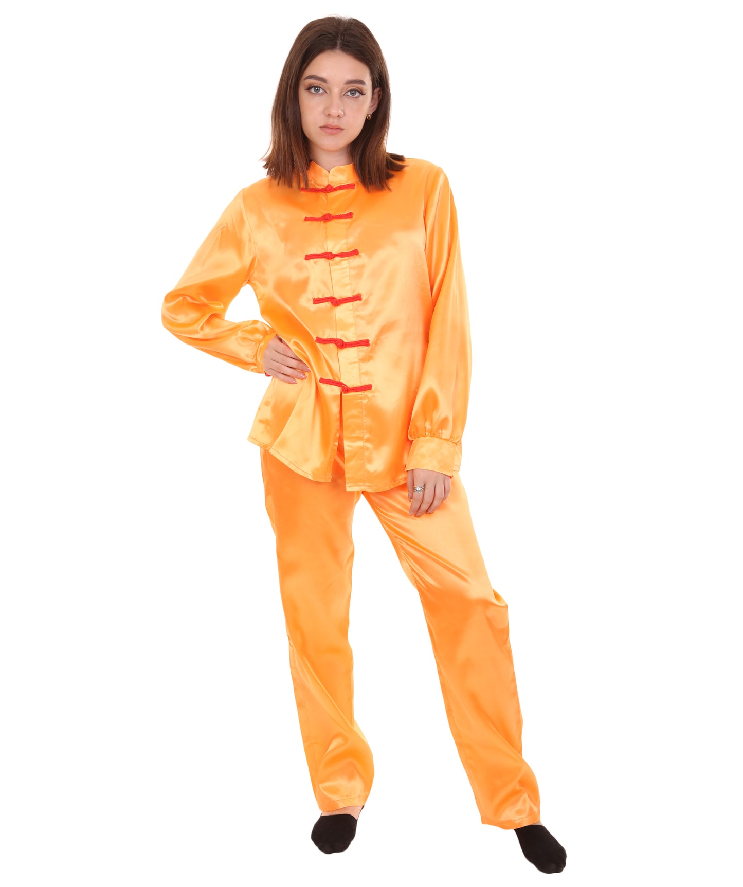 大人用ウィメンズ JCO-270_10 中国の伝統的なカンフー オレンジサテン 制服 コスプレ衣装