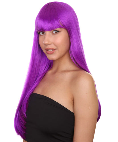 ロングボブネオンパープル女性用ウィッグ H-3361 華やかなパーティーイベント準備完了のハロウィンウィッグ プレミアム通気性のあるキャップレスキャップ