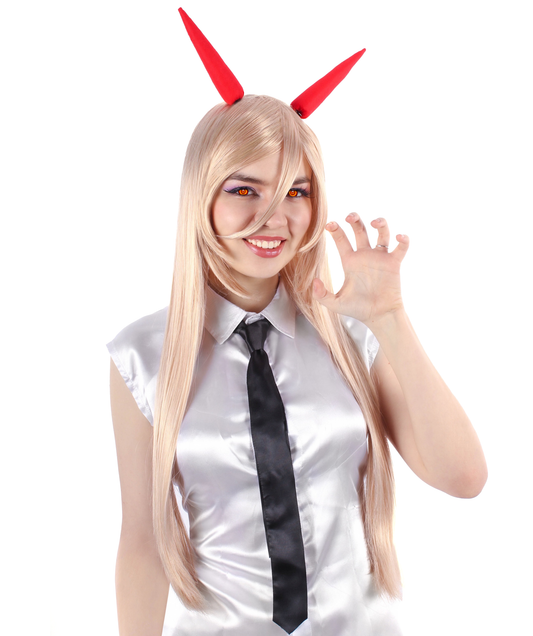 大人向け女性用 H-5812 チェーンソー マンガ アニメ デビル ガール ブロンド ウィッグ（角付き） ハロウィンおよびアニメテーマのグループパーティに最適 難燃性合成ファイバー