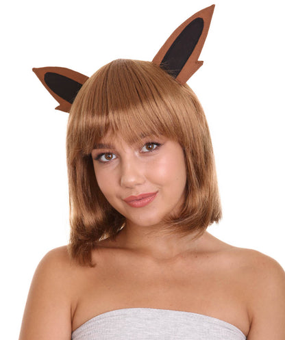 女性用ポケモン レッツゴー イーブイ ブラウンウィッグ 耳付き H-4698 コスプレ ビデオゲームウィッグ プレミアム通気性キャップレスキャップ