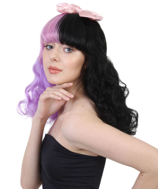 Wigs2you ハロウィン パーティー プレミアム レディース H-927 メラニー ドリー ハーフ パープルとブラック キュリー ウィッグ ピンク リボン カラー