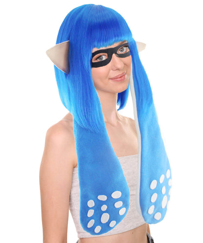 ハロウィンパーティ プレミアムレディース H-4717 スプラトゥーン ブルーインクリングガール ブルーウィッグと耳、マスクセット