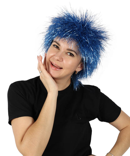 H-6864-TTN-BL 大人用ミディアムティンセルストレートブルーウィッグ（女性用）、華やかなコスチュームウィッグ、コスプレパーティーやイベントに最適