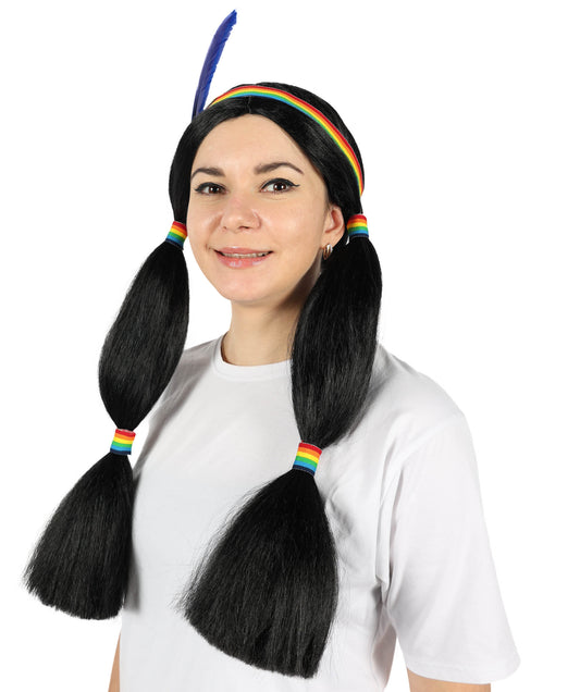 Wigs2you H-6884 大人女性用インディアンプリンセスウィッグ | コスプレ、ハロウィン、テーマパーティーに最適なエレガントなロングブラックウィッグ | 柔らかくシルクのような質感 | 一日中着用できる快適で通気性のあるキャップ