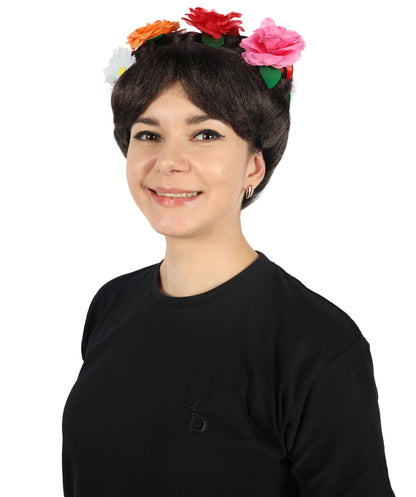 Wigs2you H-6885 大人女性用 死者の日 フリーダ ウィッグ | ハロウィン、コスプレ、フェスティバル用 花冠付きブラック編み込みウィッグ | 高級合成繊維 | 快適で通気性のあるキャップ | 死者の日やテーマパーティーに最適