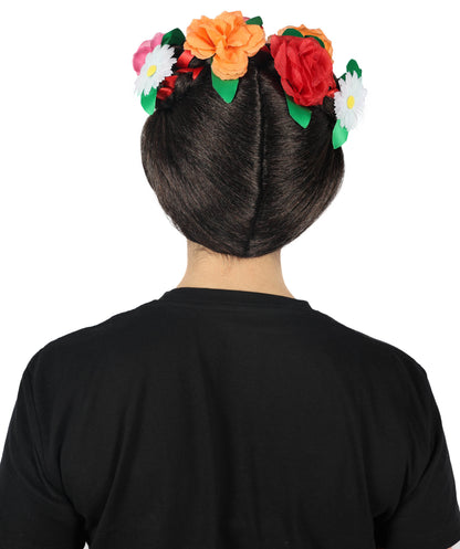Wigs2you H-6885 大人女性用 死者の日 フリーダ ウィッグ | ハロウィン、コスプレ、フェスティバル用 花冠付きブラック編み込みウィッグ | 高級合成繊維 | 快適で通気性のあるキャップ | 死者の日やテーマパーティーに最適