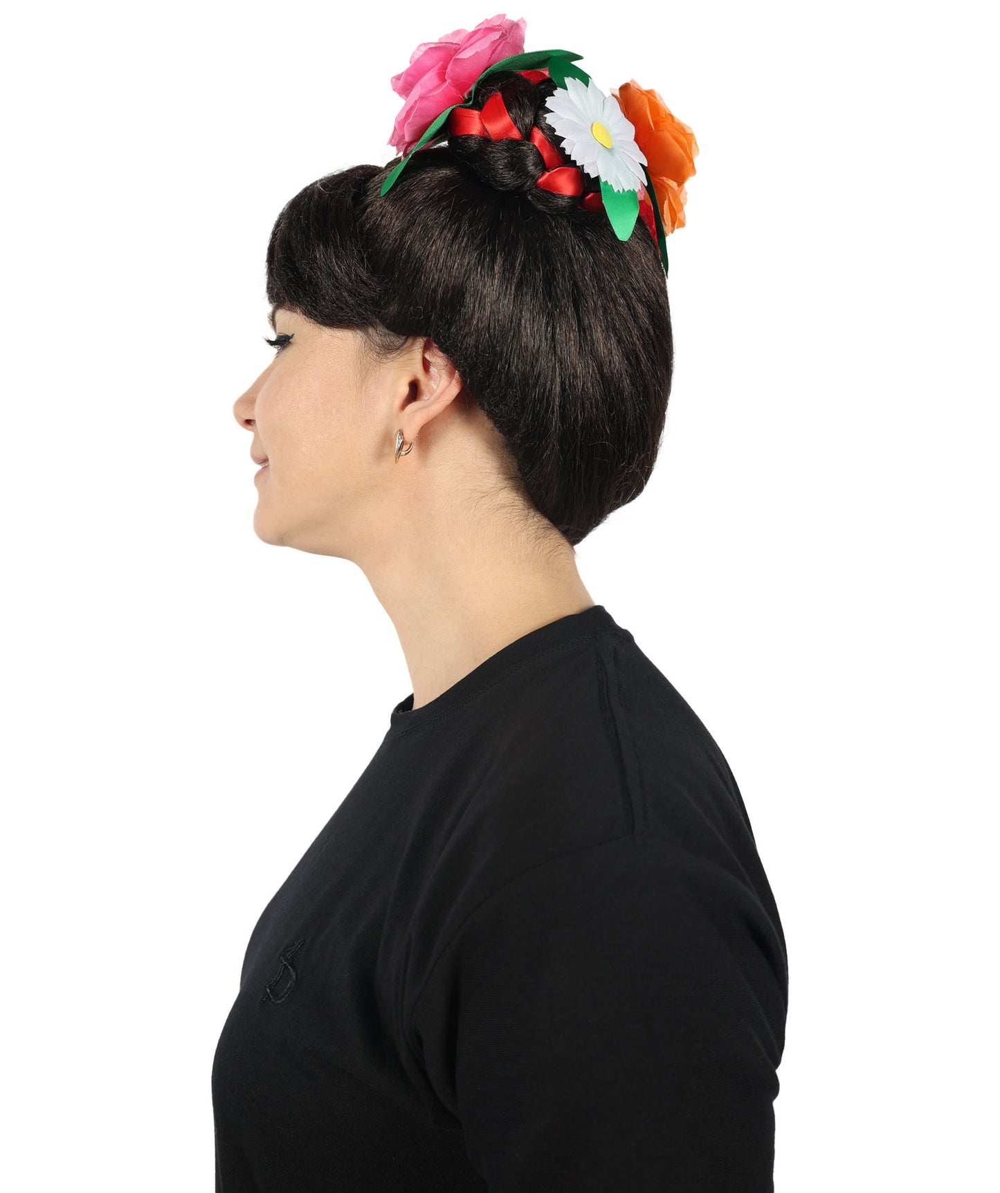 Wigs2you H-6885 大人女性用 死者の日 フリーダ ウィッグ | ハロウィン、コスプレ、フェスティバル用 花冠付きブラック編み込みウィッグ | 高級合成繊維 | 快適で通気性のあるキャップ | 死者の日やテーマパーティーに最適