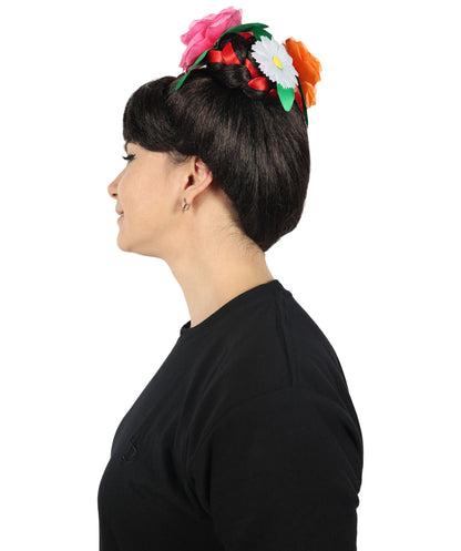 Wigs2you H-6885 大人女性用 死者の日 フリーダ ウィッグ | ハロウィン、コスプレ、フェスティバル用 花冠付きブラック編み込みウィッグ | 高級合成繊維 | 快適で通気性のあるキャップ | 死者の日やテーマパーティーに最適