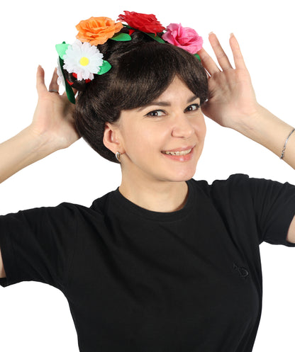 Wigs2you H-6885 大人女性用 死者の日 フリーダ ウィッグ | ハロウィン、コスプレ、フェスティバル用 花冠付きブラック編み込みウィッグ | 高級合成繊維 | 快適で通気性のあるキャップ | 死者の日やテーマパーティーに最適