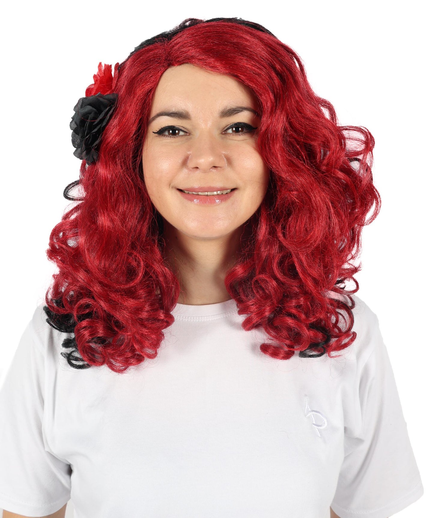 Wigs2you H-6887 大人女性用 死者の日 17インチ 黒と赤のカーリーウィッグ 花付き | ハロウィン＆コスプレウィッグ | 難燃性合成繊維
