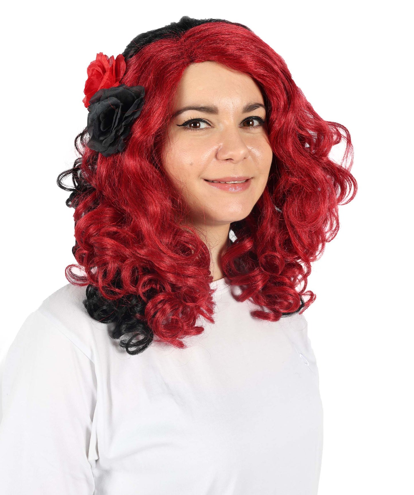 Wigs2you H-6887 大人女性用 死者の日 17インチ 黒と赤のカーリーウィッグ 花付き | ハロウィン＆コスプレウィッグ | 難燃性合成繊維