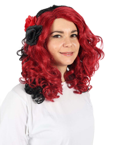 Wigs2you H-6887 大人女性用 死者の日 17インチ 黒と赤のカーリーウィッグ 花付き | ハロウィン＆コスプレウィッグ | 難燃性合成繊維