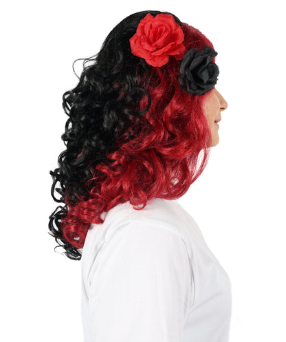 Wigs2you H-6887 大人女性用 死者の日 17インチ 黒と赤のカーリーウィッグ 花付き | ハロウィン＆コスプレウィッグ | 難燃性合成繊維