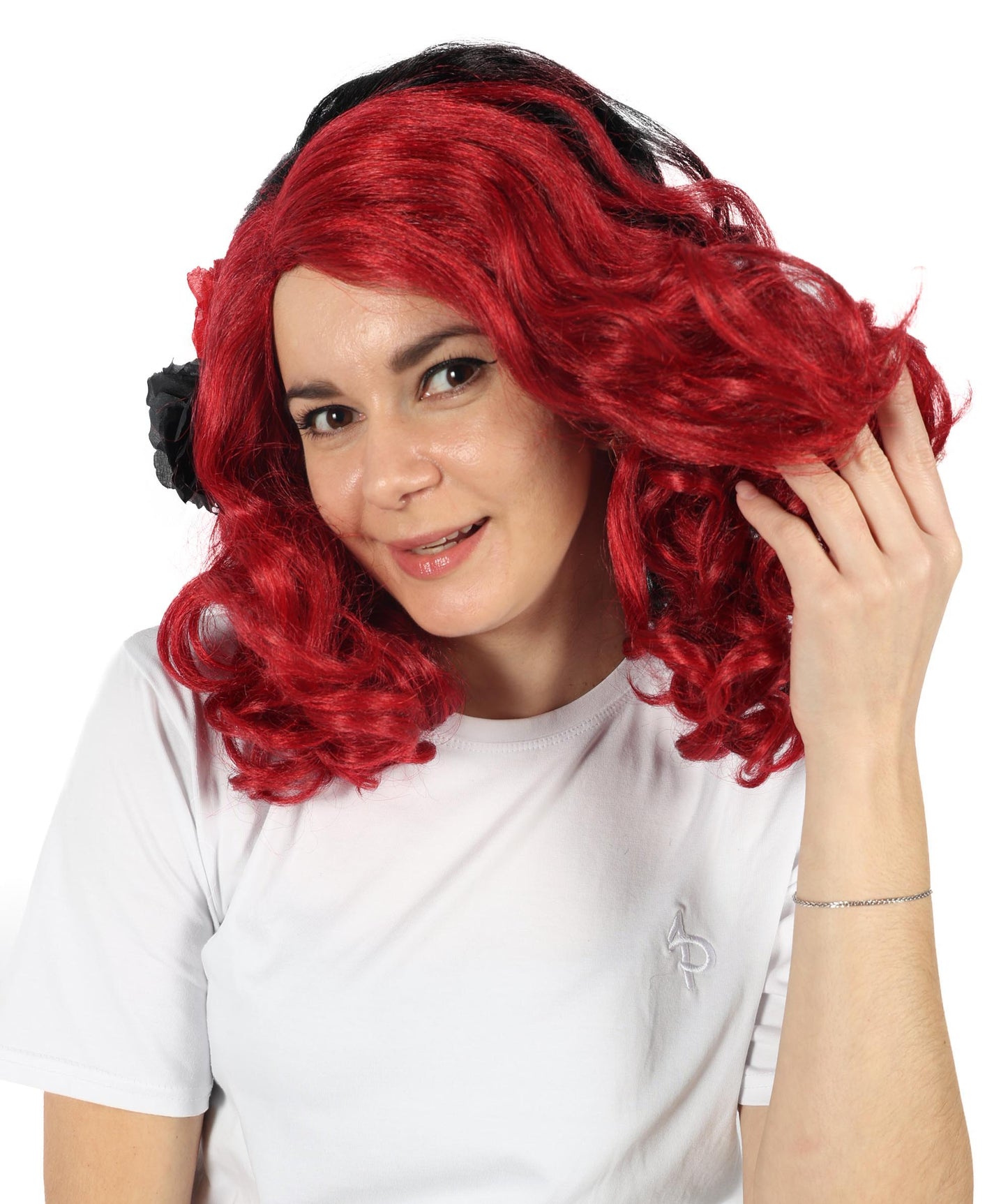 Wigs2you H-6887 大人女性用 死者の日 17インチ 黒と赤のカーリーウィッグ 花付き | ハロウィン＆コスプレウィッグ | 難燃性合成繊維