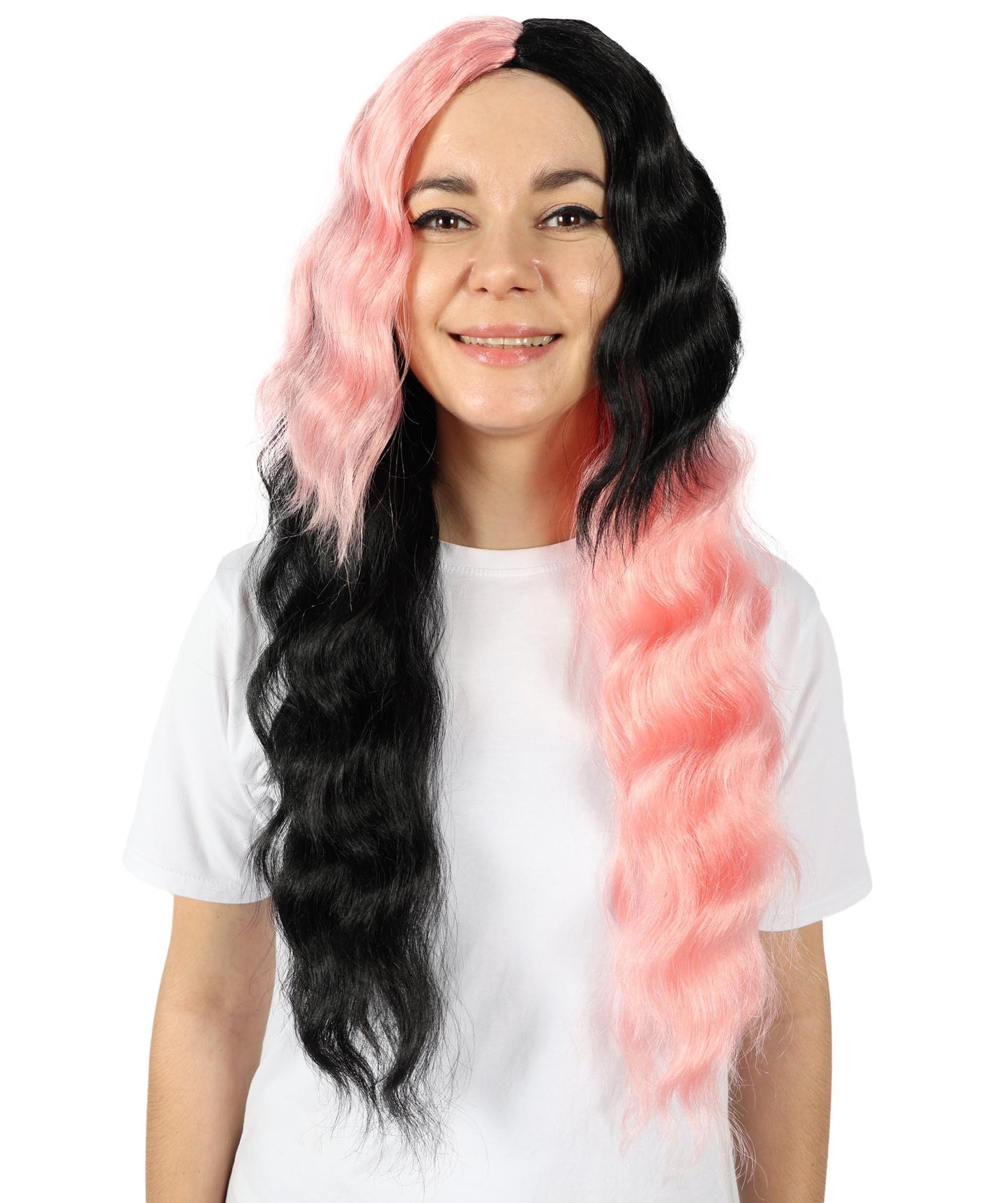 Wigs2you H-6890 大人女性用 ウェーブロング ハーフブラック＆ハーフピンクウィッグ｜ハロウィン・コスプレウィッグ｜難燃性合成繊維