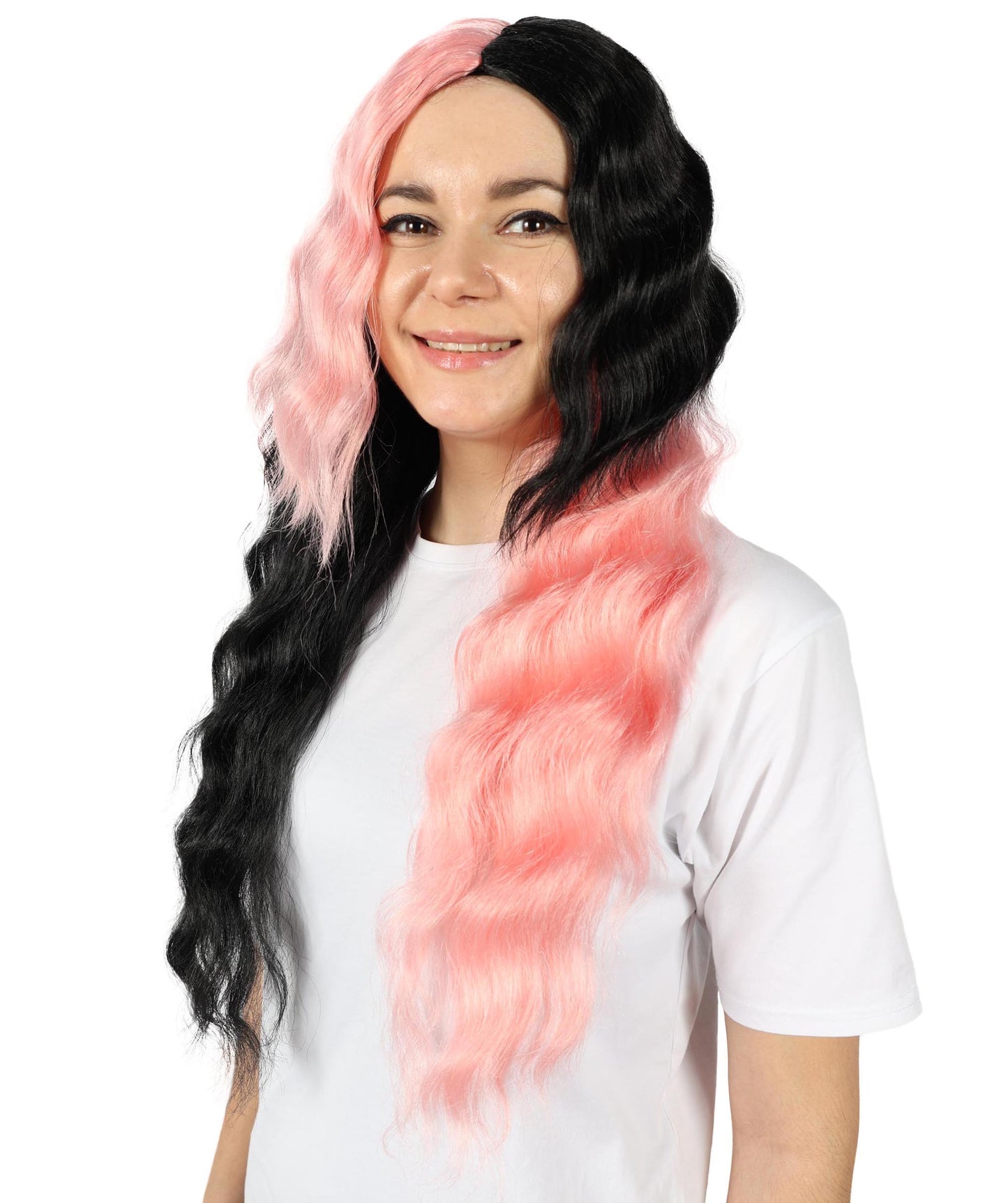 Wigs2you H-6890 大人女性用 ウェーブロング ハーフブラック＆ハーフピンクウィッグ｜ハロウィン・コスプレウィッグ｜難燃性合成繊維
