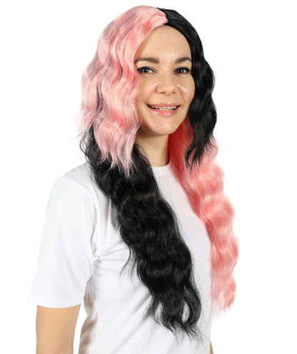Wigs2you H-6890 大人女性用 ウェーブロング ハーフブラック＆ハーフピンクウィッグ｜ハロウィン・コスプレウィッグ｜難燃性合成繊維