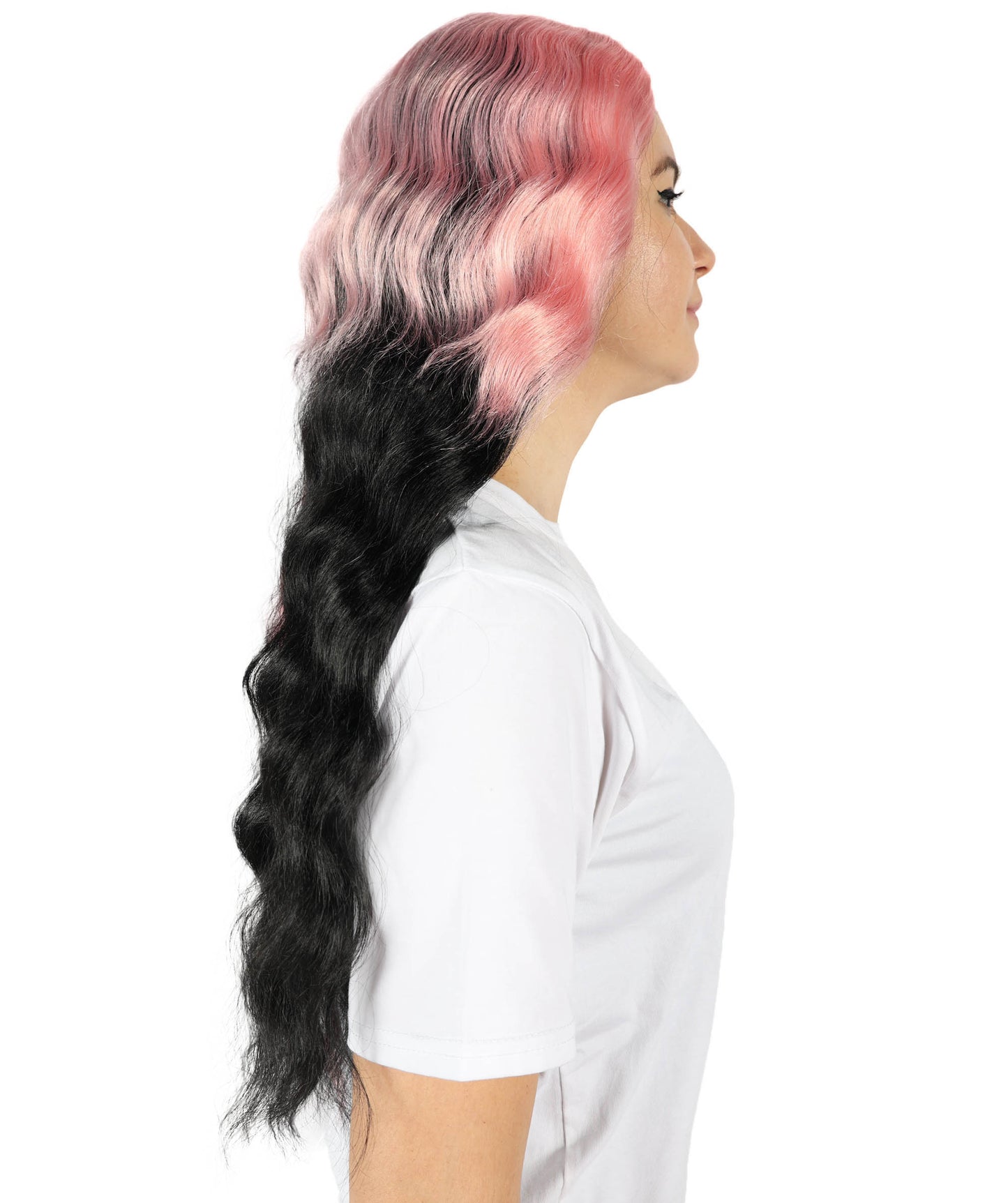 Wigs2you H-6890 大人女性用 ウェーブロング ハーフブラック＆ハーフピンクウィッグ｜ハロウィン・コスプレウィッグ｜難燃性合成繊維