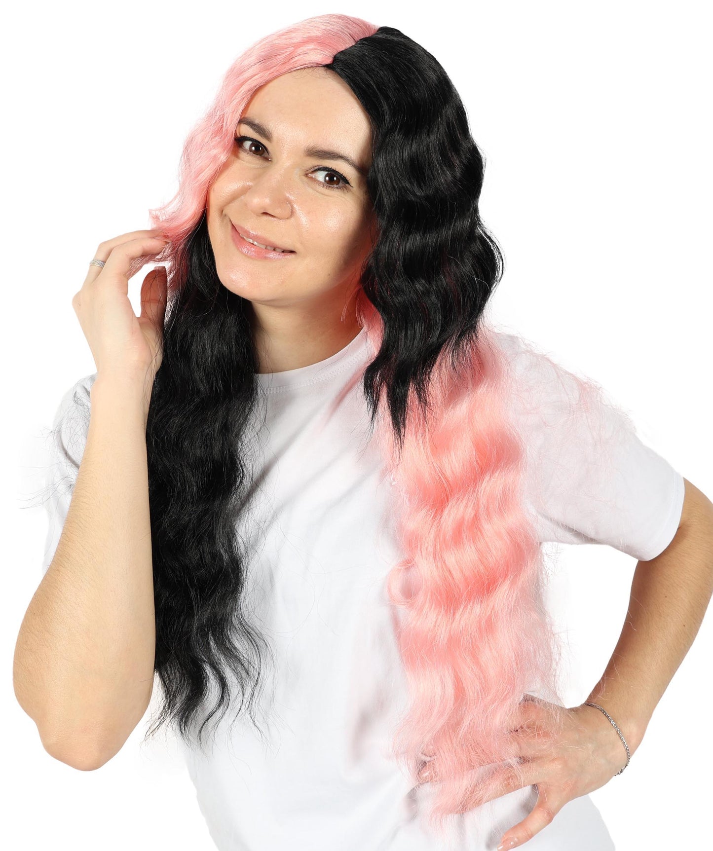 Wigs2you H-6890 大人女性用 ウェーブロング ハーフブラック＆ハーフピンクウィッグ｜ハロウィン・コスプレウィッグ｜難燃性合成繊維