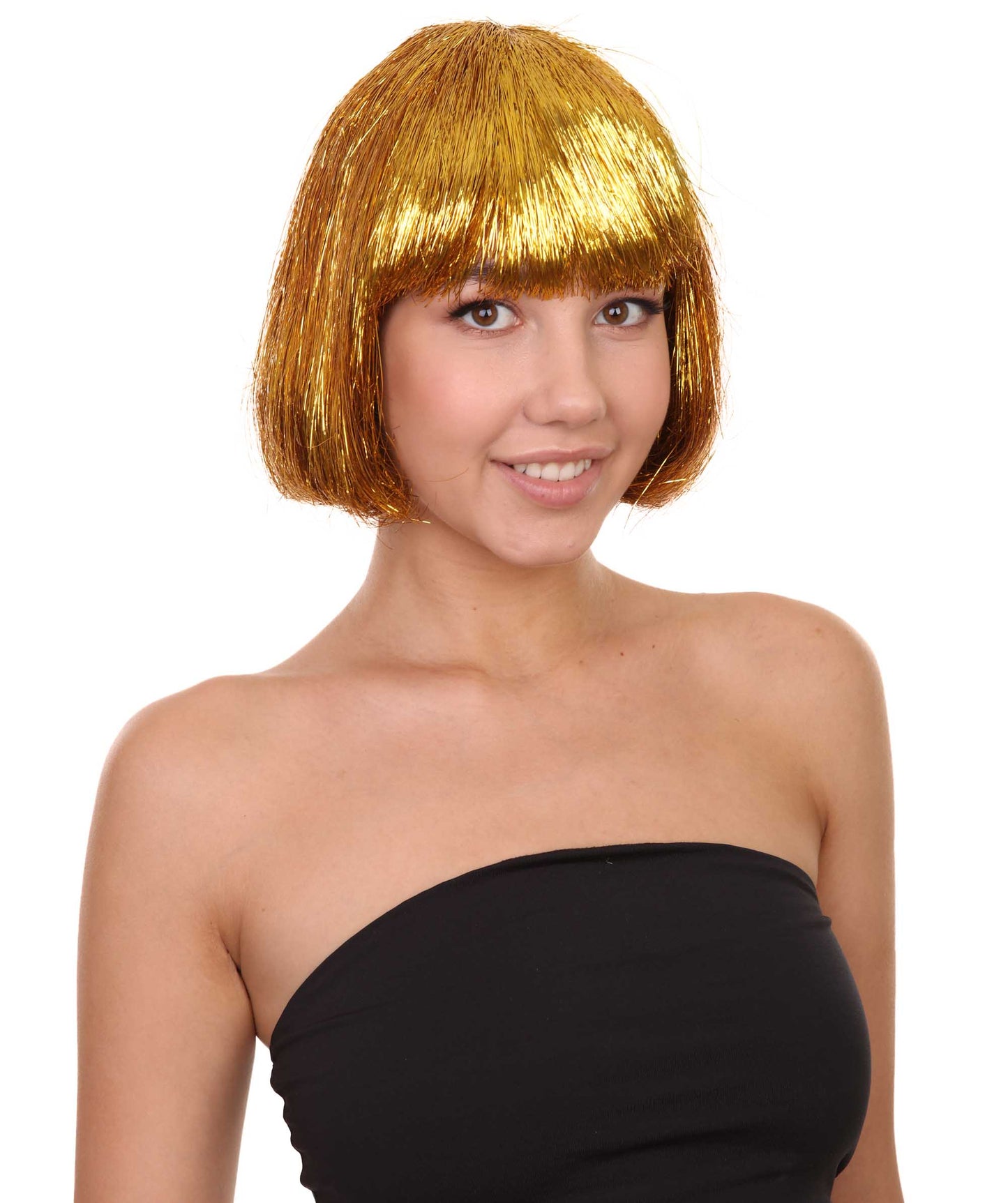 大人の女性用ゴールドティンセルボブウィッグ H-4618 プレミアム通気性キャップレスキャップ