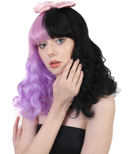 Wigs2you ハロウィン パーティー プレミアム レディース H-927 メラニー ドリー ハーフ パープルとブラック キュリー ウィッグ ピンク リボン カラー