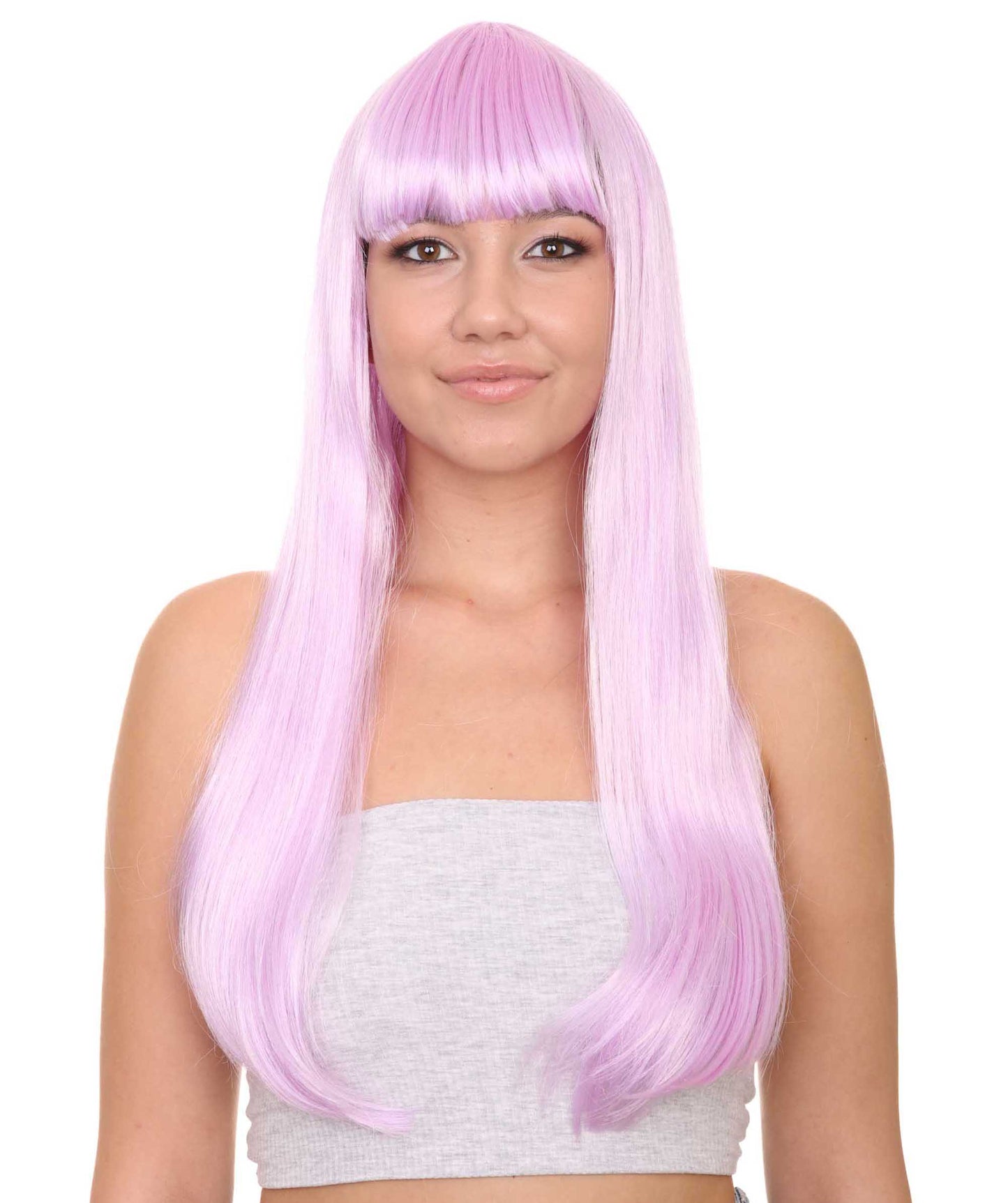 ロングボブライトパープル女性用ウィッグ H-3342 華やかなパーティーイベント準備完了のハロウィンウィッグ プレミアム通気性のあるキャップレスキャップ