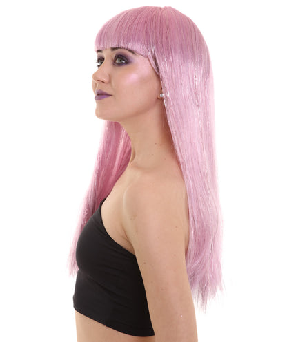 ハロウィンパーティ プレミアム H-5207 女性用 ロングベビーピンクティンセル バング付きウィッグ