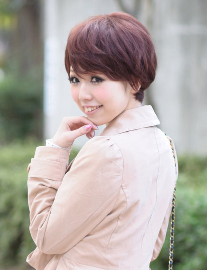 大人女性用 タイムレスビューティショート 人毛 フロントレースウィッグ- オーバーン