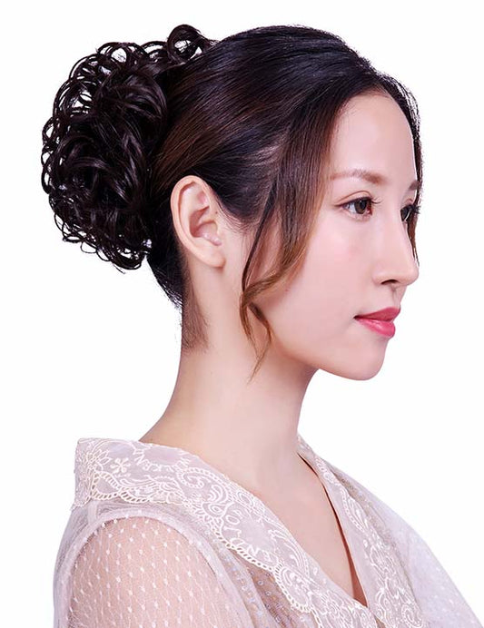 女性 W-8425 の可愛いシニョンフラフィーカーリーフラワールックバンズヘアスタイル チャコールゴールデンオーバン混合 合成繊維