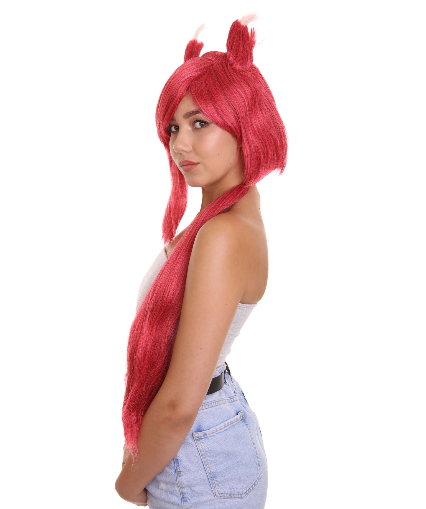 女性用リーグオブレジェンズ ピルトーバーエンフォーサーザヤコスプレウィッグ H-4643 レッドビデオゲームウィッグ プレミアム通気性キャップレスキャップ