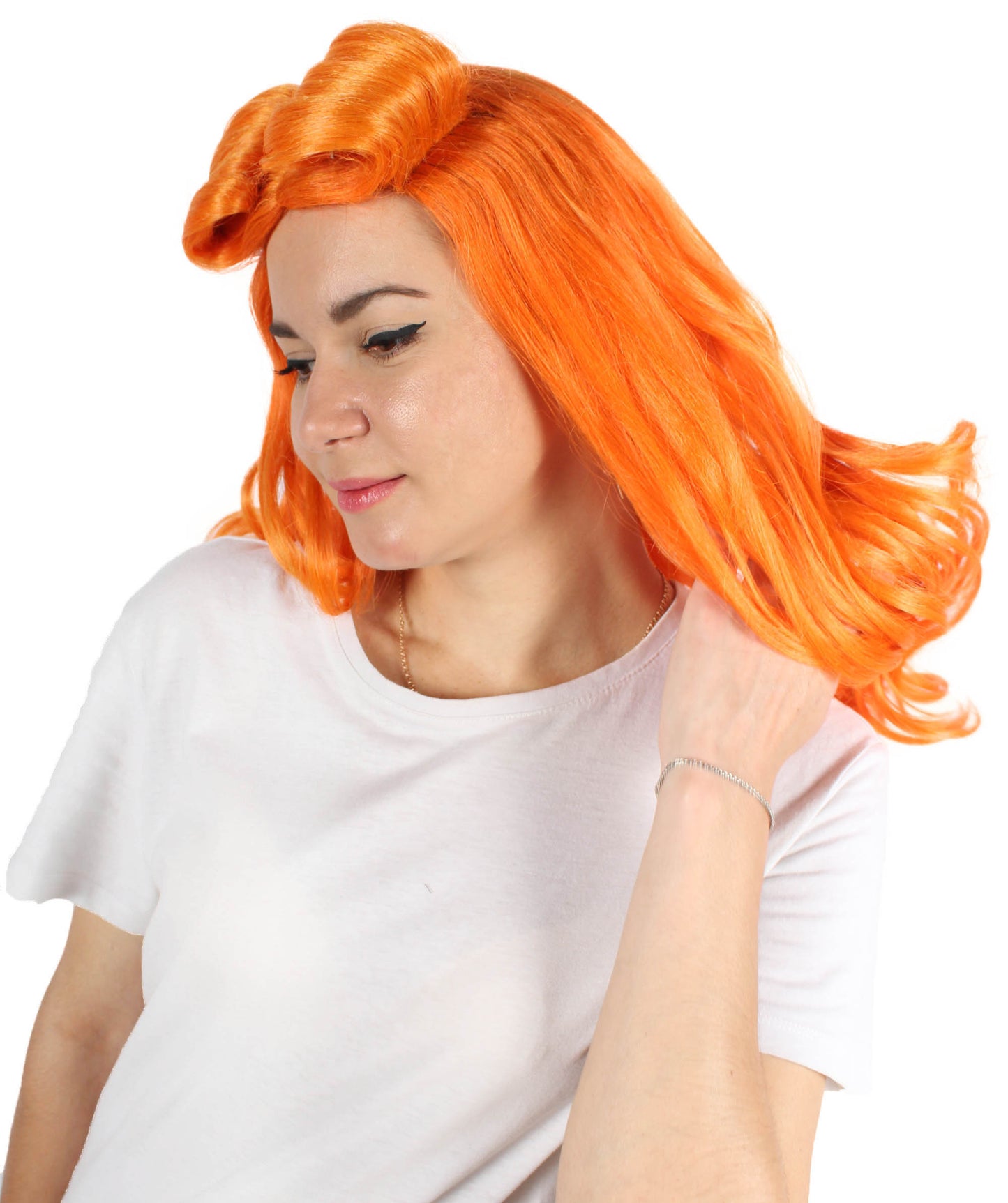 女性用 H-5871 元女優 セレブリティ ダークオレンジ ウェービー コスプレ ウィッグ ハロウィンに最適 難燃性合成繊維