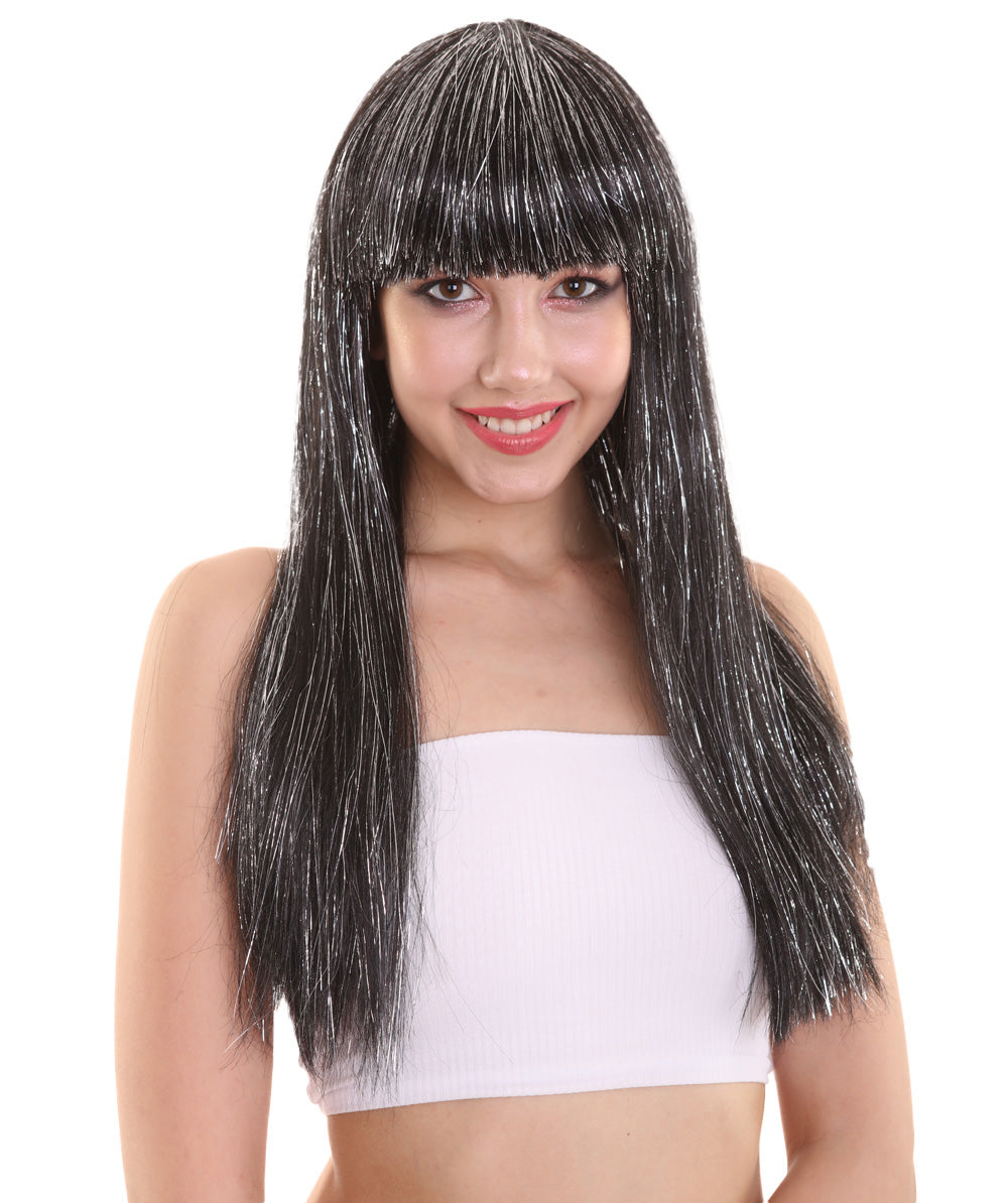ハロウィンパーティ プレミアムレディース H-5208 ロングベビーブラックウィッグ ティンセルハイライト付き