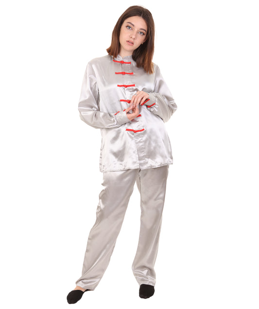 大人用ウィメンズ JCO-270_16 中国の伝統的なカンフー シルバーサテン 制服 コスプレ衣装