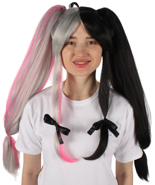 女性用 H-6218 日本の VTuber 黒とピンクのダブルテールウィッグ ハロウィンに最適 難燃性合成繊維