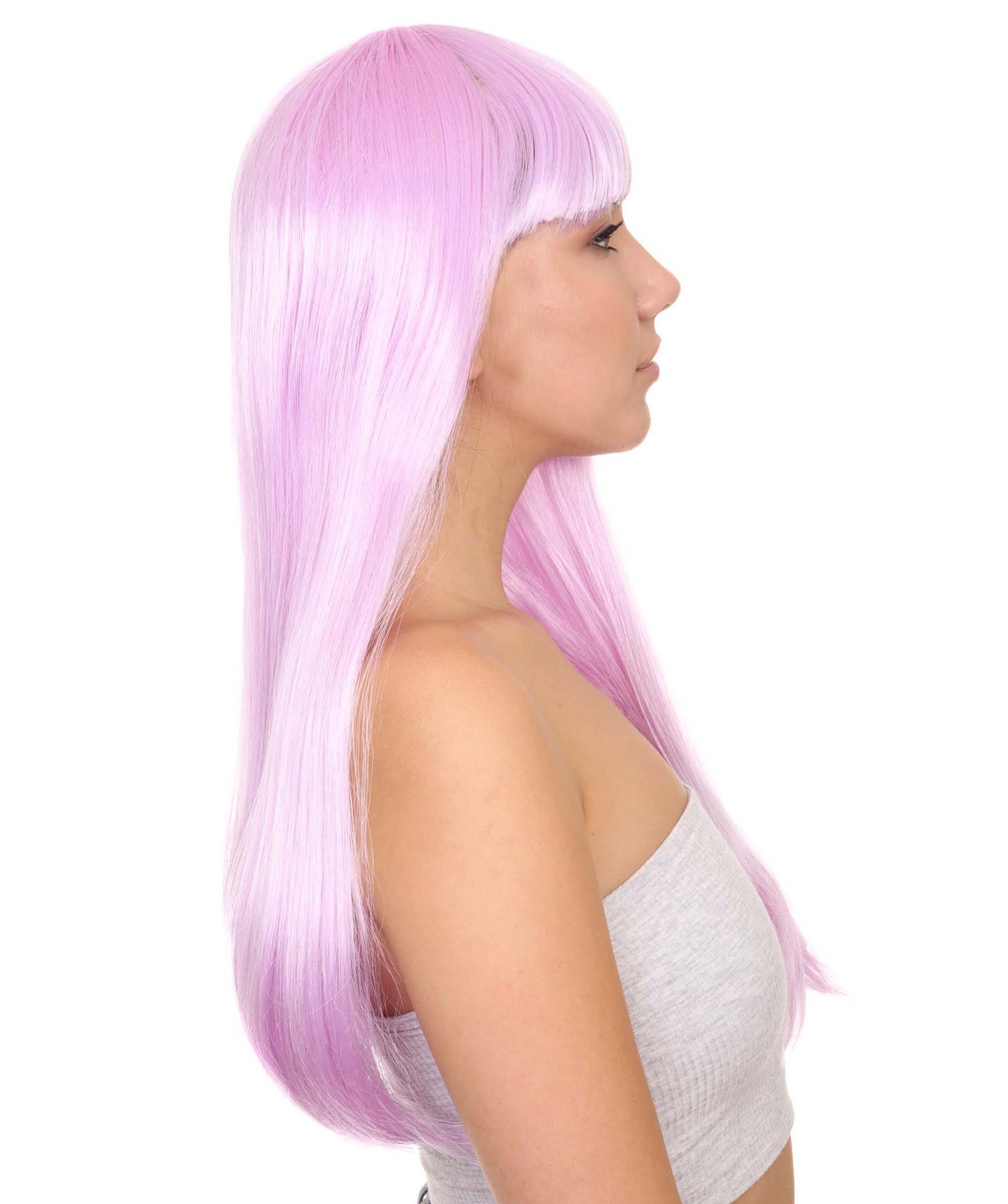 ロングボブライトパープル女性用ウィッグ H-3342 華やかなパーティーイベント準備完了のハロウィンウィッグ プレミアム通気性のあるキャップレスキャップ