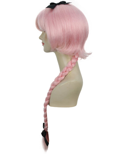 H-6264 ピンク コスプレウィッグ 女性用 ロング編み込み ちょう結び 難燃性合成繊維製