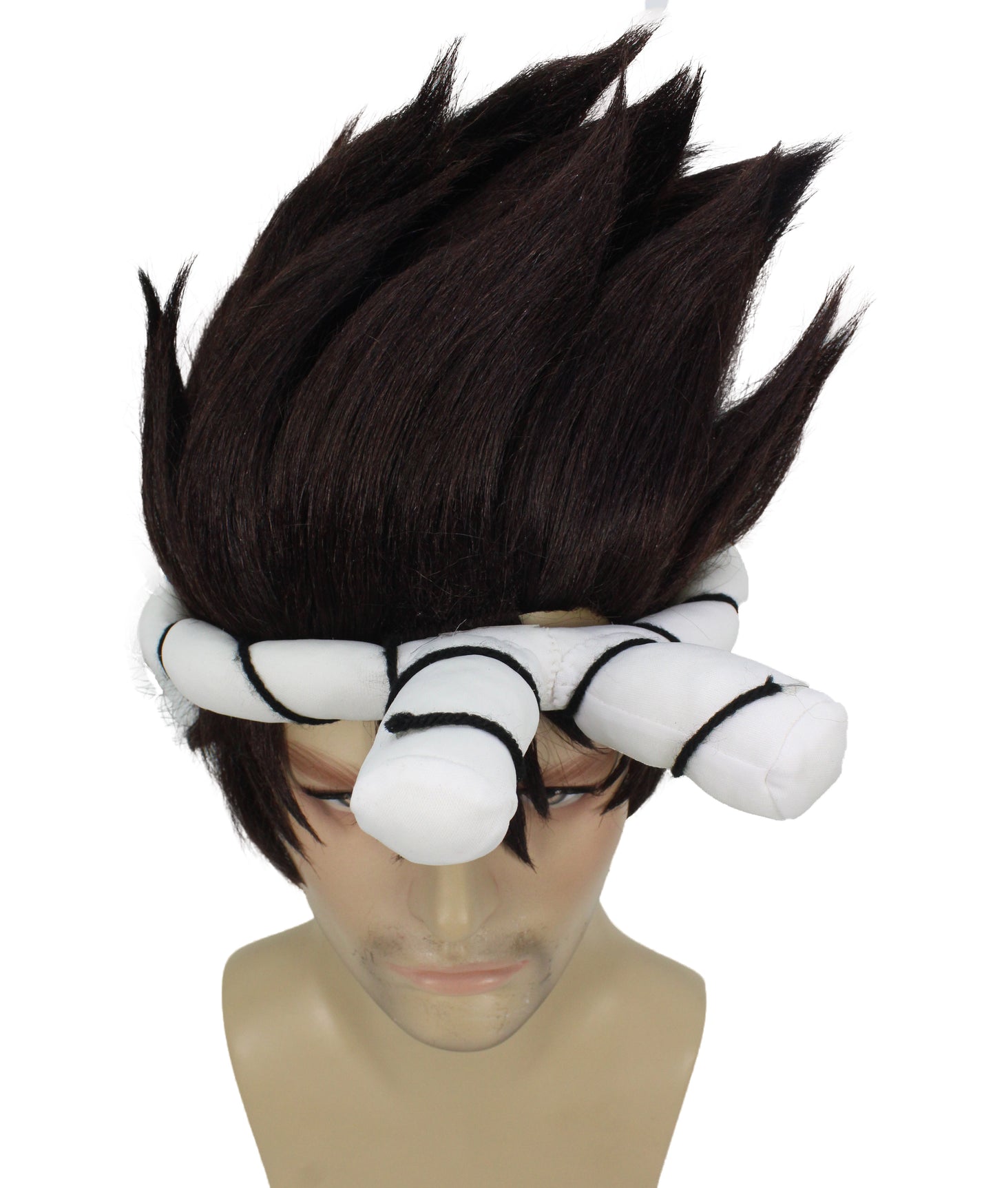 Wigs2you H-6919 黒のスパイキーウィッグと白の結び目付きヘッドバンド｜ハロウィンに最適｜プレミアムな通気性のあるキャップレスキャップ