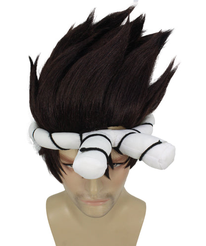 Wigs2you H-6919 黒のスパイキーウィッグと白の結び目付きヘッドバンド｜ハロウィンに最適｜プレミアムな通気性のあるキャップレスキャップ