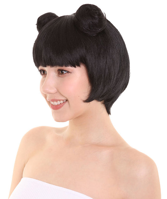 女性用ニッキー・ミナージュ チュン・リ 2つのバンズ ブラックウィッグ H-4699 セレブリティウィッグ プレミアム通気性キャップレスキャップ
