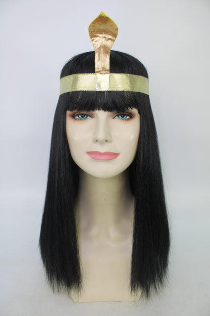女性用H-5907 エジプトの女王 ウィッグ ヘッドバンド付き ブラック カラー ハロウィンに最適 難燃性合成ファイバー