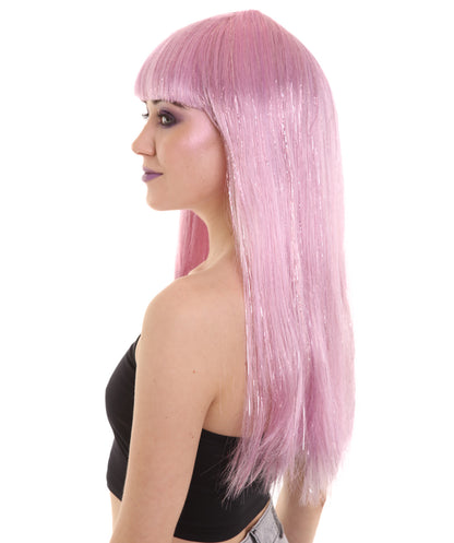 ハロウィンパーティ プレミアム H-5207 女性用 ロングベビーピンクティンセル バング付きウィッグ