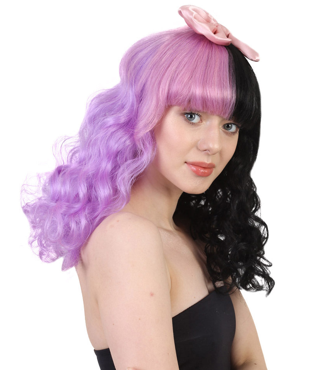 Wigs2you ハロウィン パーティー プレミアム レディース H-927 メラニー ドリー ハーフ パープルとブラック キュリー ウィッグ ピンク リボン カラー
