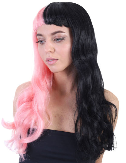 Wigs2you ハロウィンパーティープレミアムレディース H-1471 美しいルックを手に入れよう！独占！コスプレウィッグ メラニー 長いウェービーハーフピンクとブラックスタイル