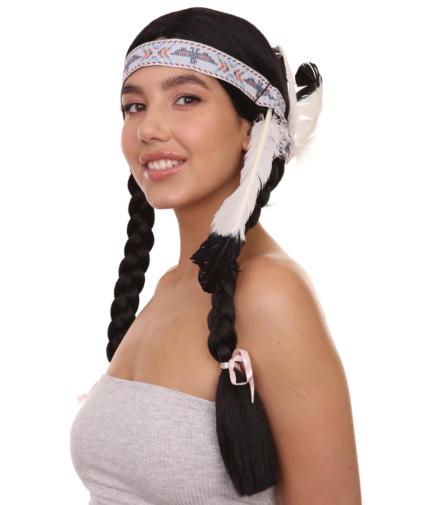 ネイティブアメリカン プリンセスウィッグ ヘッドバンド付き H-4654 ブラック編み込み 歴史的ウィッグ プレミアム通気性キャップレスキャップ
