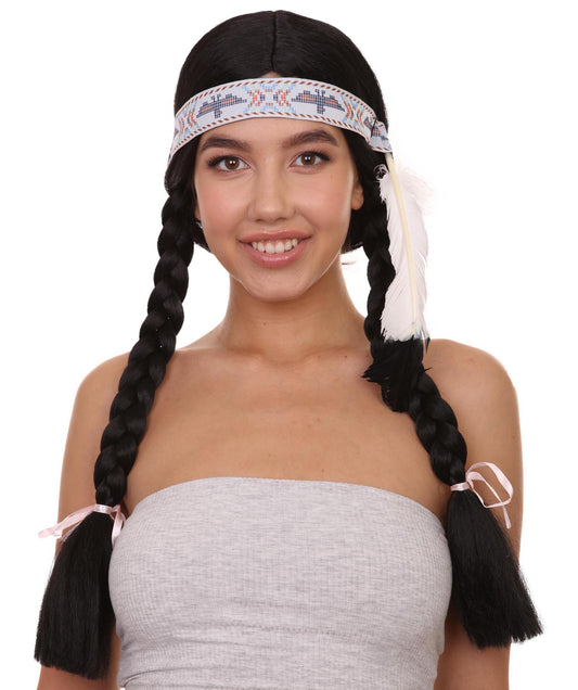 ネイティブアメリカン プリンセスウィッグ ヘッドバンド付き H-4654 ブラック編み込み 歴史的ウィッグ プレミアム通気性キャップレスキャップ