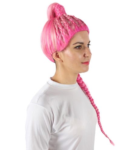 ハロウィンパーティプレミアムレディース H-5745 ドラッグレーステレビ番組ピンク編み込みポニーテールウィッグ