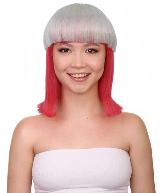 女性用 H-5978 ショート ピンクと白のボブウィッグ コスプレに最適 難燃性合成繊維