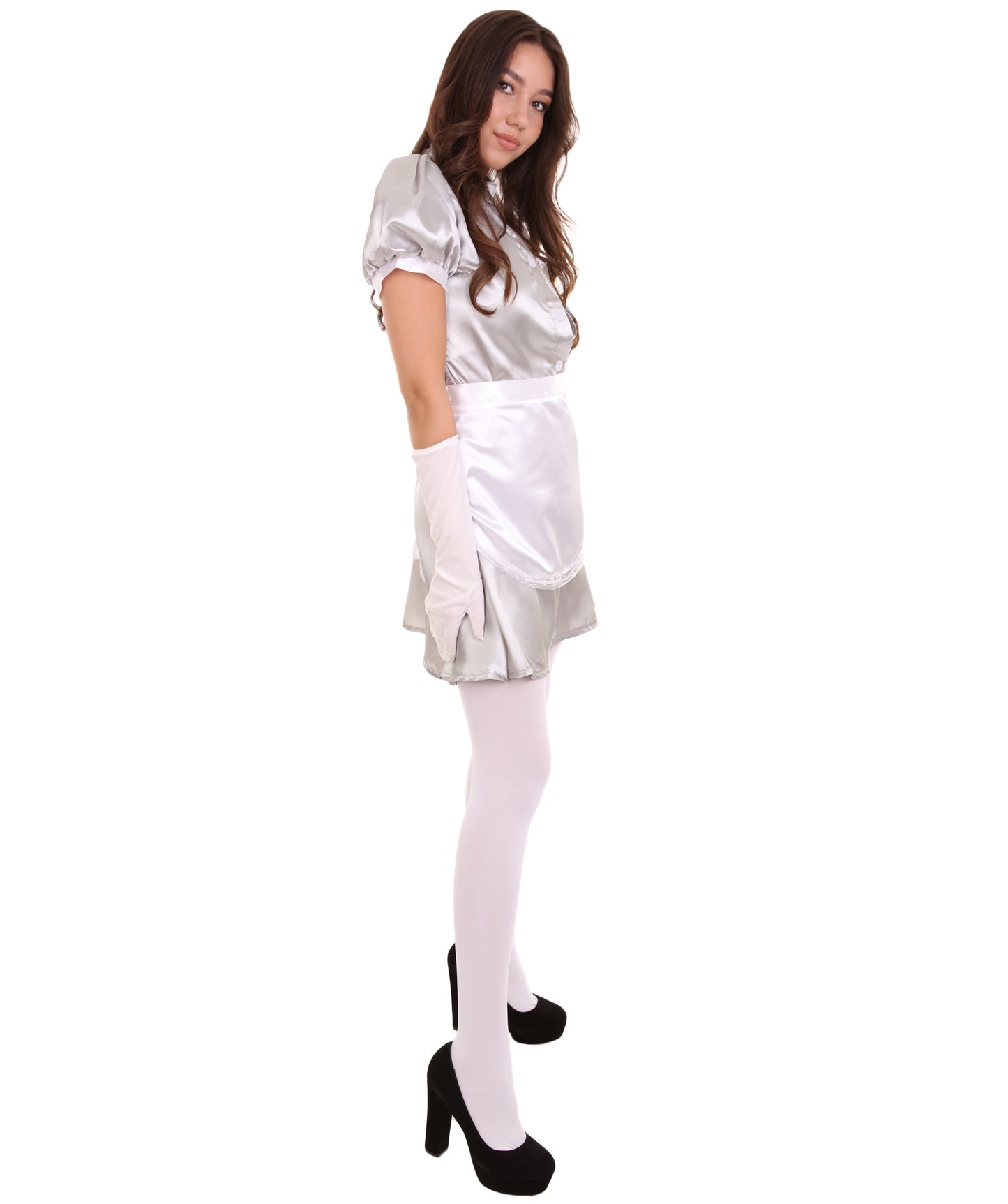 大人用女性の JCO-328_20 フレンチエプロンメイド制服 シルバー コスプレコスチューム